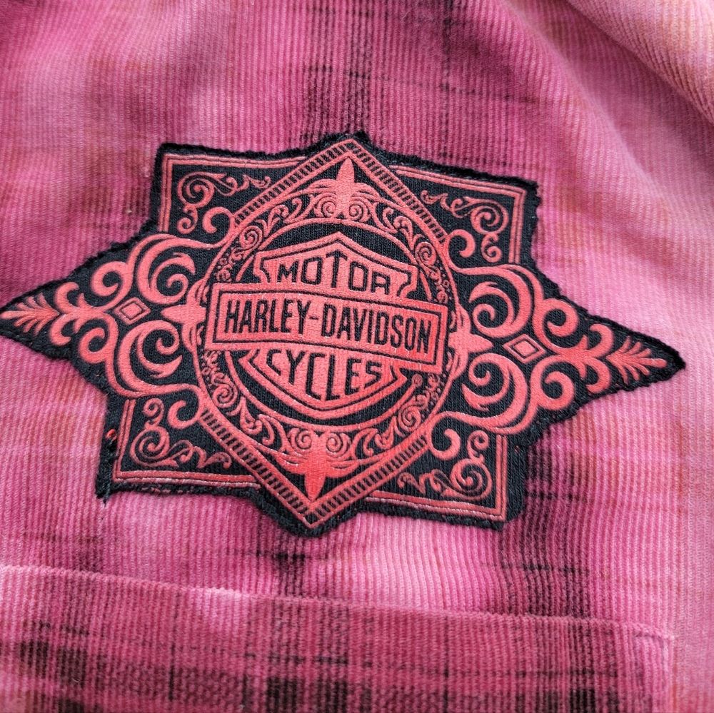 Upcycled Biker Moto Flannel Shirt Shacket Harley Davidson Patch & Fringe - Picture 9 of 13